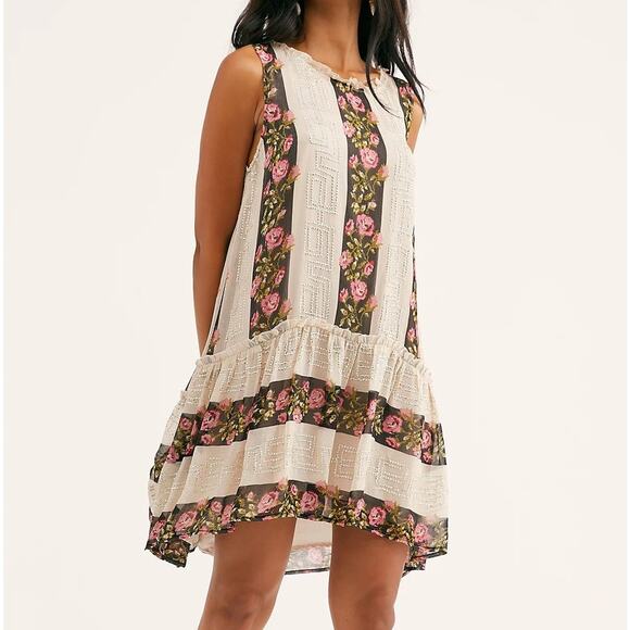 Free People Melanie tan floral beaded mini sleeveless dress size S - Picture 1 of 14